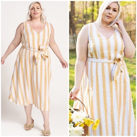 NWT ELOQUII Yellow & Ivory Striped V-Neck Linen Tie Waist Midi Dress, Size 14 - Picture 1 of 7